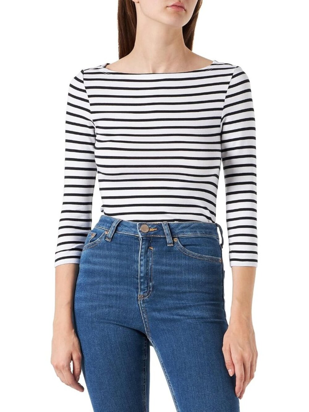 Women's White Stripe Slim-fit Sleeve Boat Neck Cotton Modal Micro Rib T-shirt